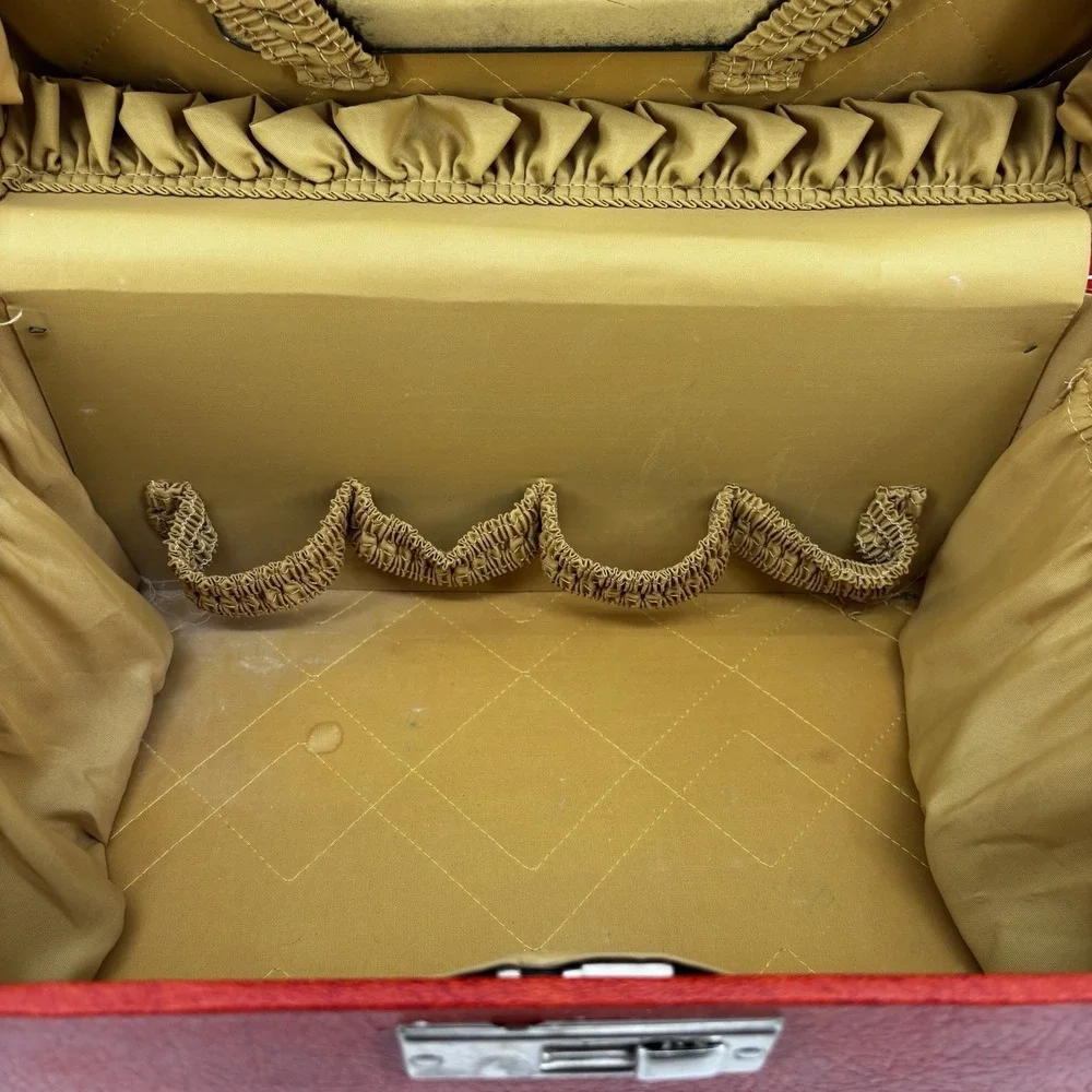 Red Orange Train Vanity Case Vintage Luggage Sesame Lined Snap Closing